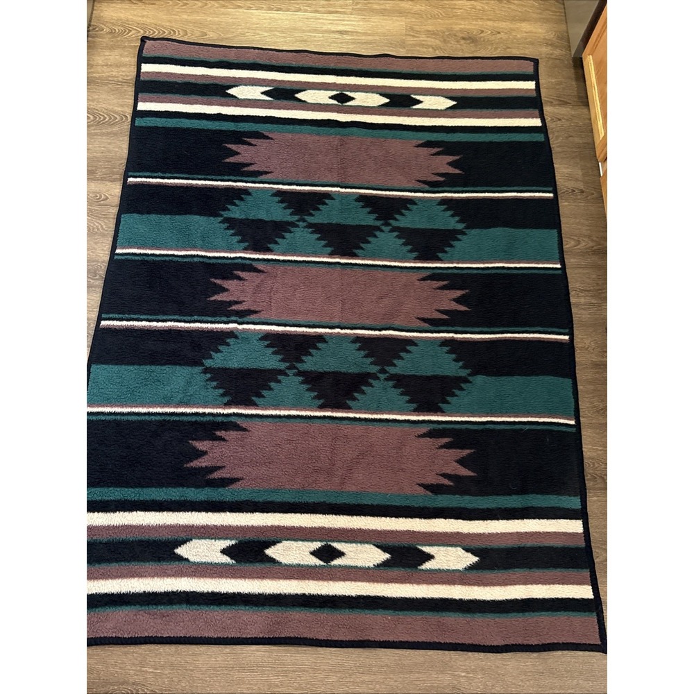 Vtg Biederlack Blankets Reversible Southwest Throw 74x52" Black Teal Maroon